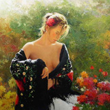 Female, Embellsihed Giclee, Very Limited Edition on Canvas, Woman, Floral, Realism, Impressionism, Spanish Artist