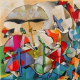semi-abstract, contemporary, colorful, female, woman, umbrella, bicycle, Israeli, Israel, famous artist, no glass 