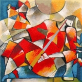 semi-abstract, woman, female, flute, sun, colorful, red, Israeli, Israel