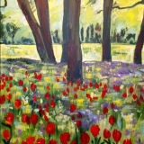 tapestry, france, french, french tapestry, linen tapestry, tulips, tree, colorful, yellow, red, green