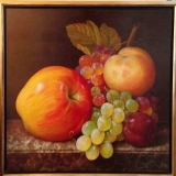 oil painting, oil on canvas, orange, grapes Peru, still life, marble, fruit, dining room, oversize painting, square painting, brown, red