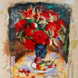 silkscreen, limited edition, music, still life, red, red flowers, flowers, floral