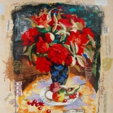 silkscreen, limited edition, music, still life, red, red flowers, flowers, floral